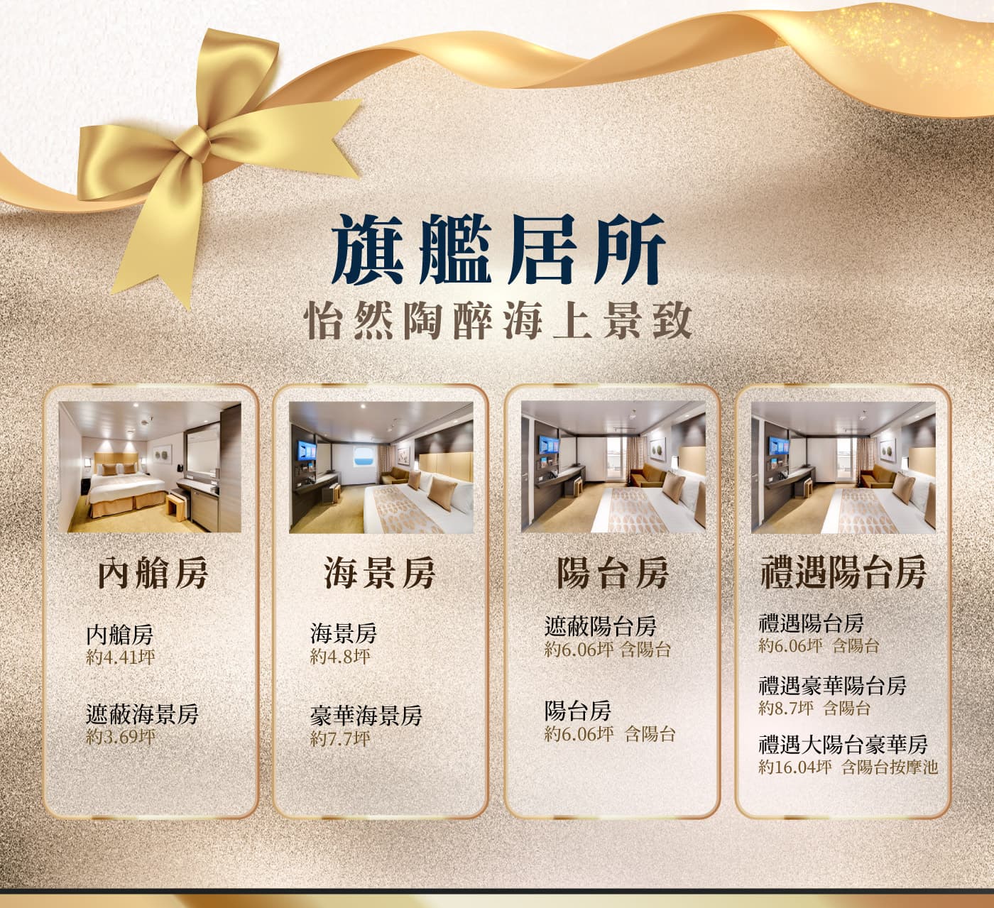 MSC 榮耀號一般艙房房型:內艙房、海景房、陽台房、禮遇陽台房與各自坪數